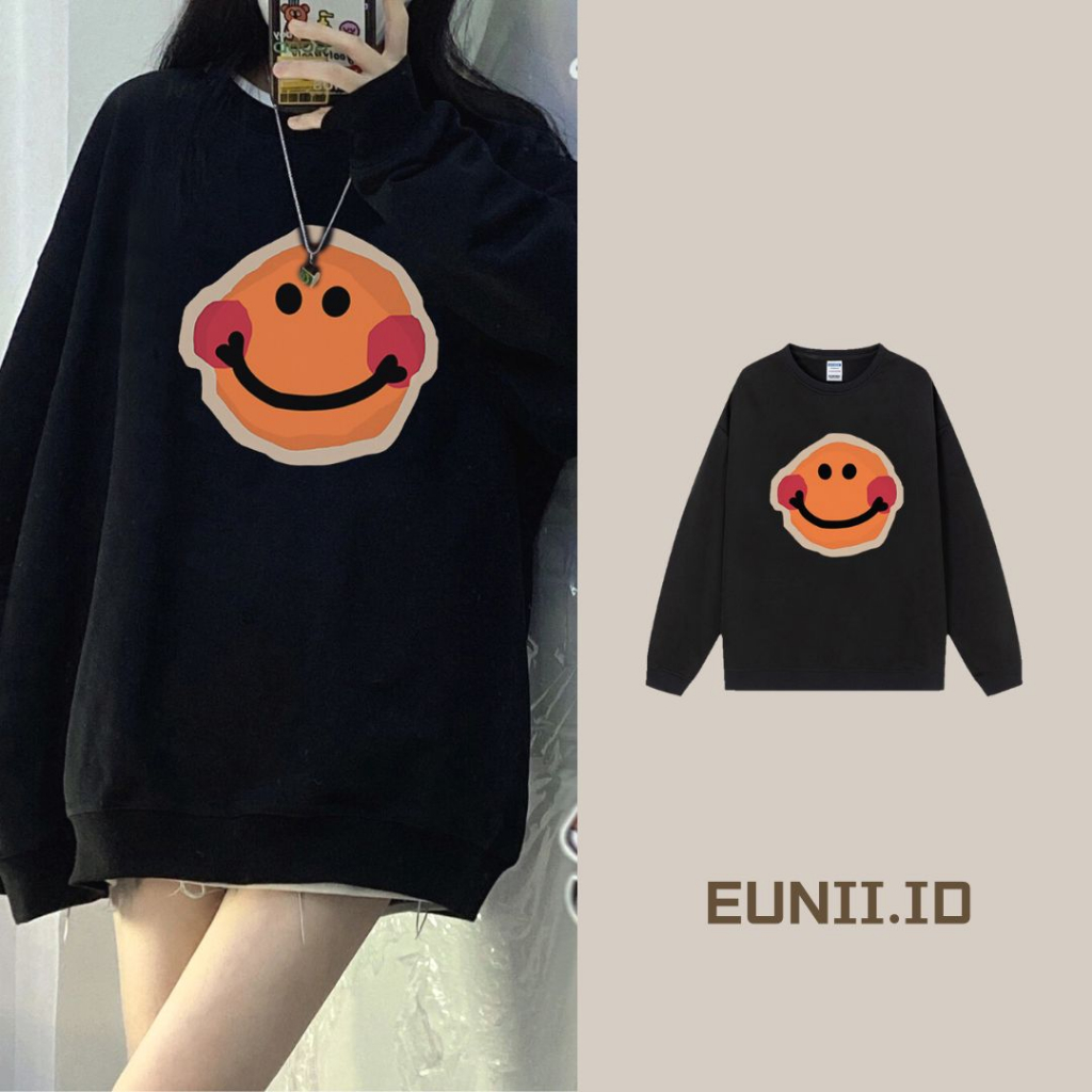 EUNII Sweater Lengan Panjang Cartoon Smile Printing Korean Style/Sweater Crop/Baju Wanita/Switer Wanita/Switer