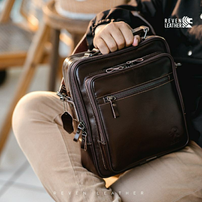 REVEN LEATHER- Tas selempang/slingbag pria kulit asli REVEN  BONATURE, tas selempang pria kulit bran