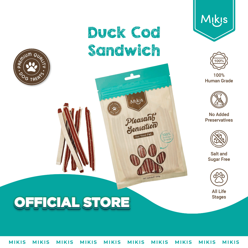 Mikis Snack Cemilan Anjing, Dog Treats 100g, Dog Snack Mikis-Duck Cod Sandwich Human Grade