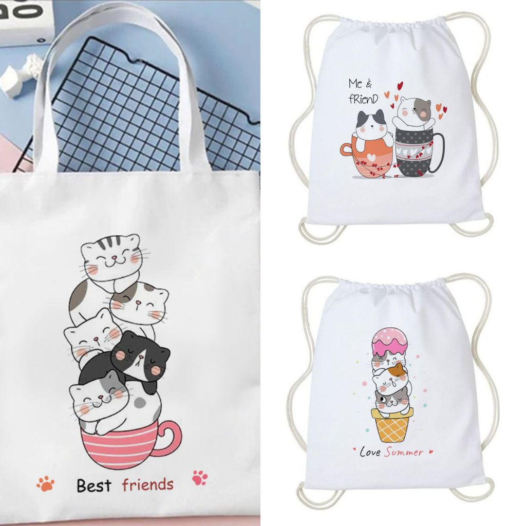 Tote Bag Tas Serut Motif Kucing Cat Lucu Kanvas Wanita Goodie Bag Souvenir Ulang Tahun Anak Cewek Cowok Bingkisan Snack Tas Laptop Sekolah Ngaji Belanja