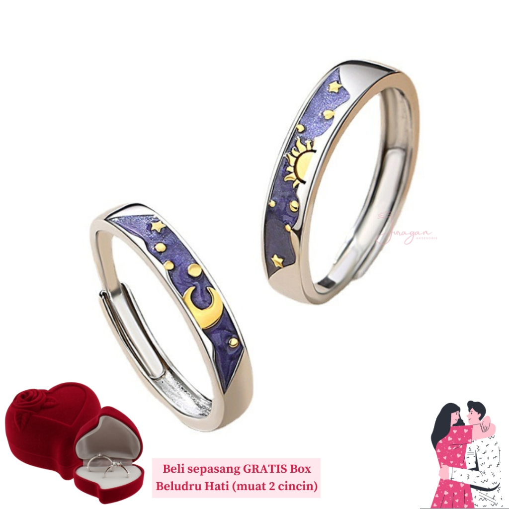 [UKIR NAMA] Cincin Couple Blue Sun &amp; Moon S31 Adjustable Ailoviu Original Perak Untuk Pasangan Hadiah Valentine Kado Gift