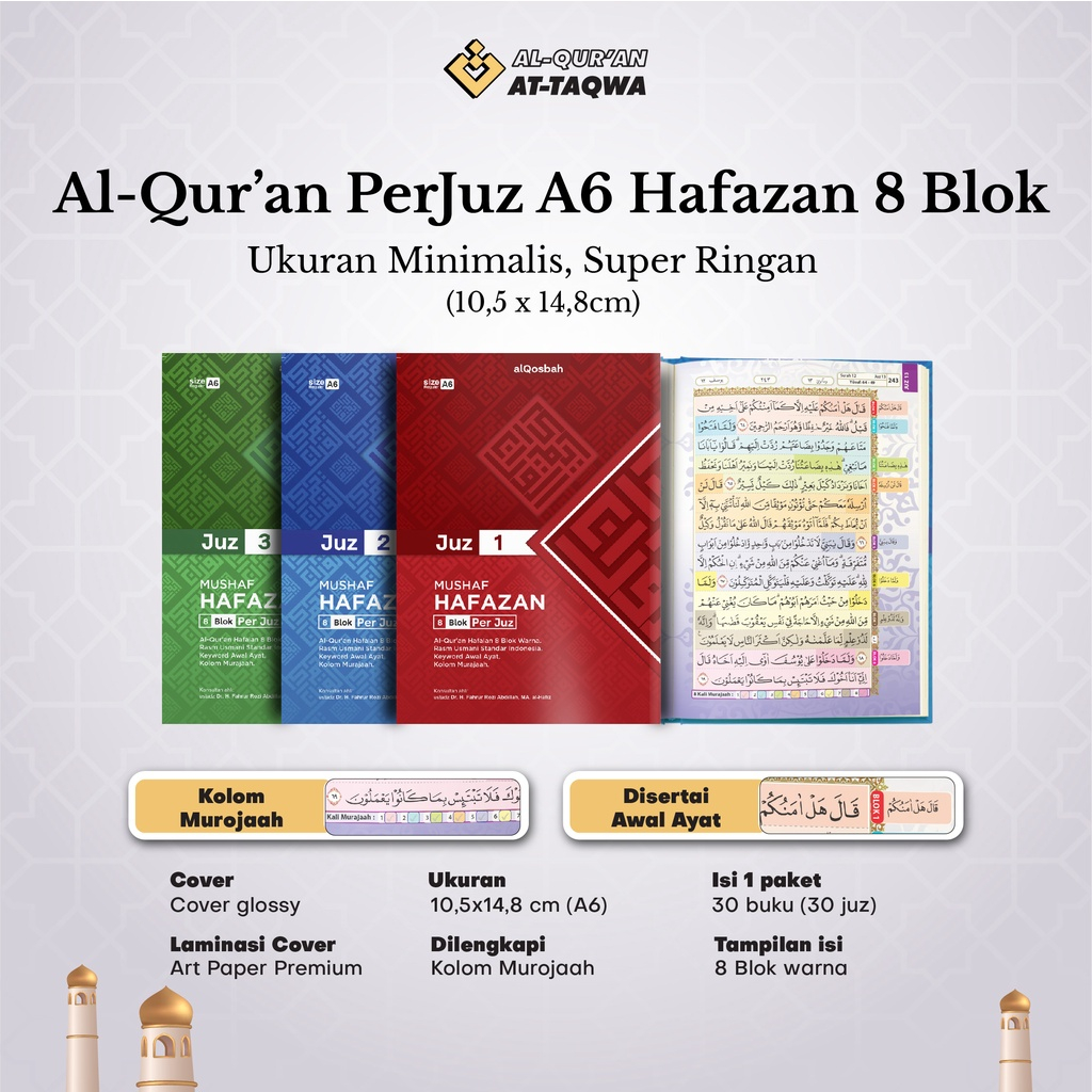 Mushaf Al Quran Hafazan Per Juz 8 Blok Rasm Utsmani | Alquran Hafalan Per Juz Alquran Kecil A6 | Al Quran Hafalan Mudah
