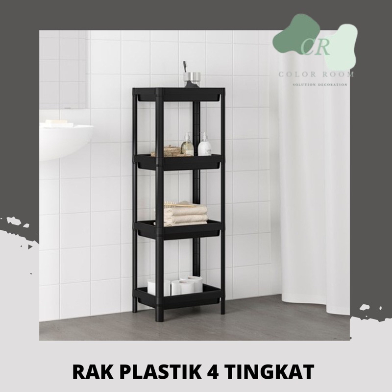 Unit rak plastik , rak kamar mandi, rak toilet plastik , rak dapur , rak plastik serbaguna 4 tingkat minimalis , hitam, 36x23x100 cm