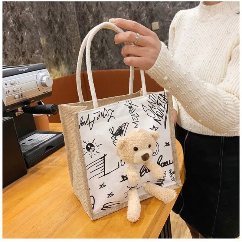 Tote Bag Bear Tas Wanita Shoulder Bag Kanfas Motif