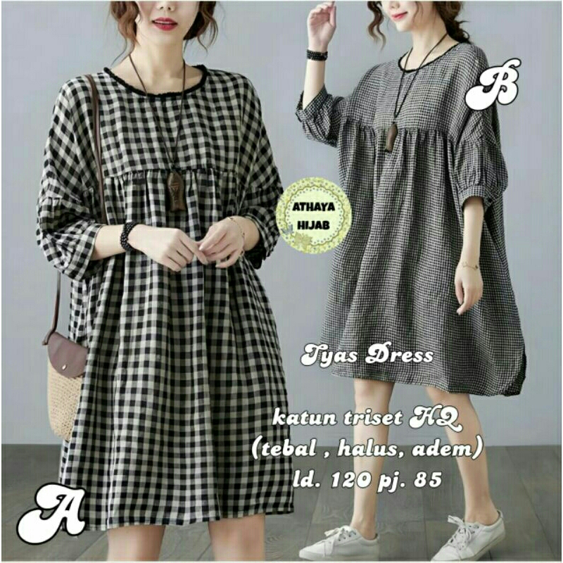 Tyas Dress by Athaya // Dress Katun Triset Motif kotak-kotak