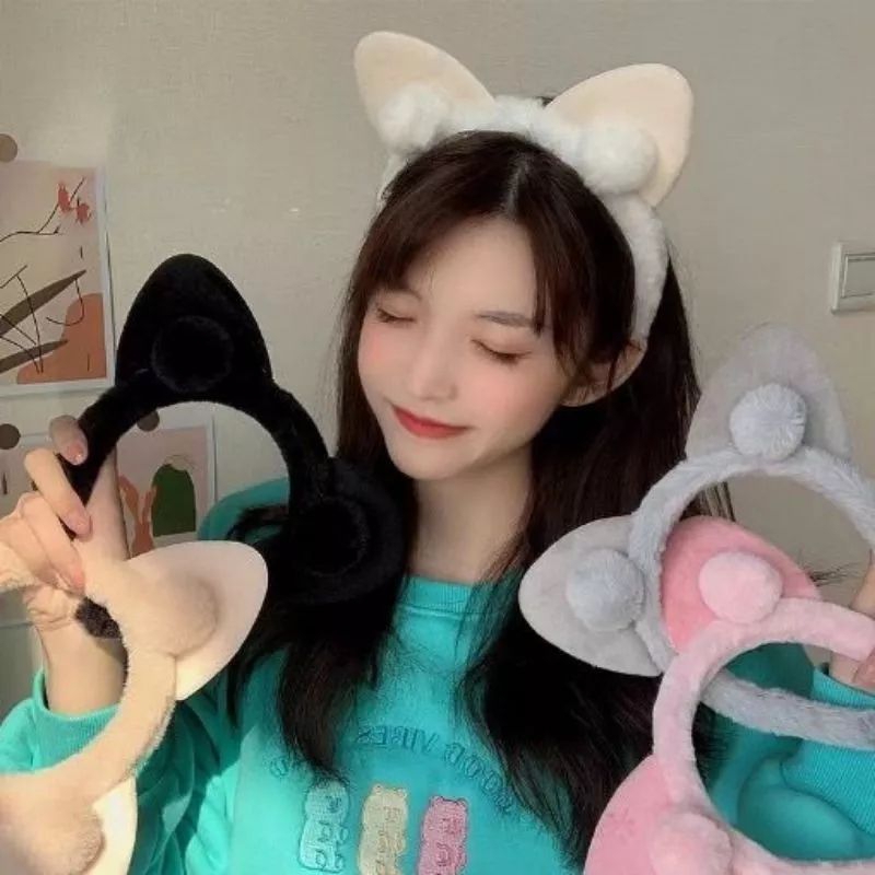 Bando Karakter Telinga Kucing Impor Bandana Pom-Pom Bulu Fashion Korea