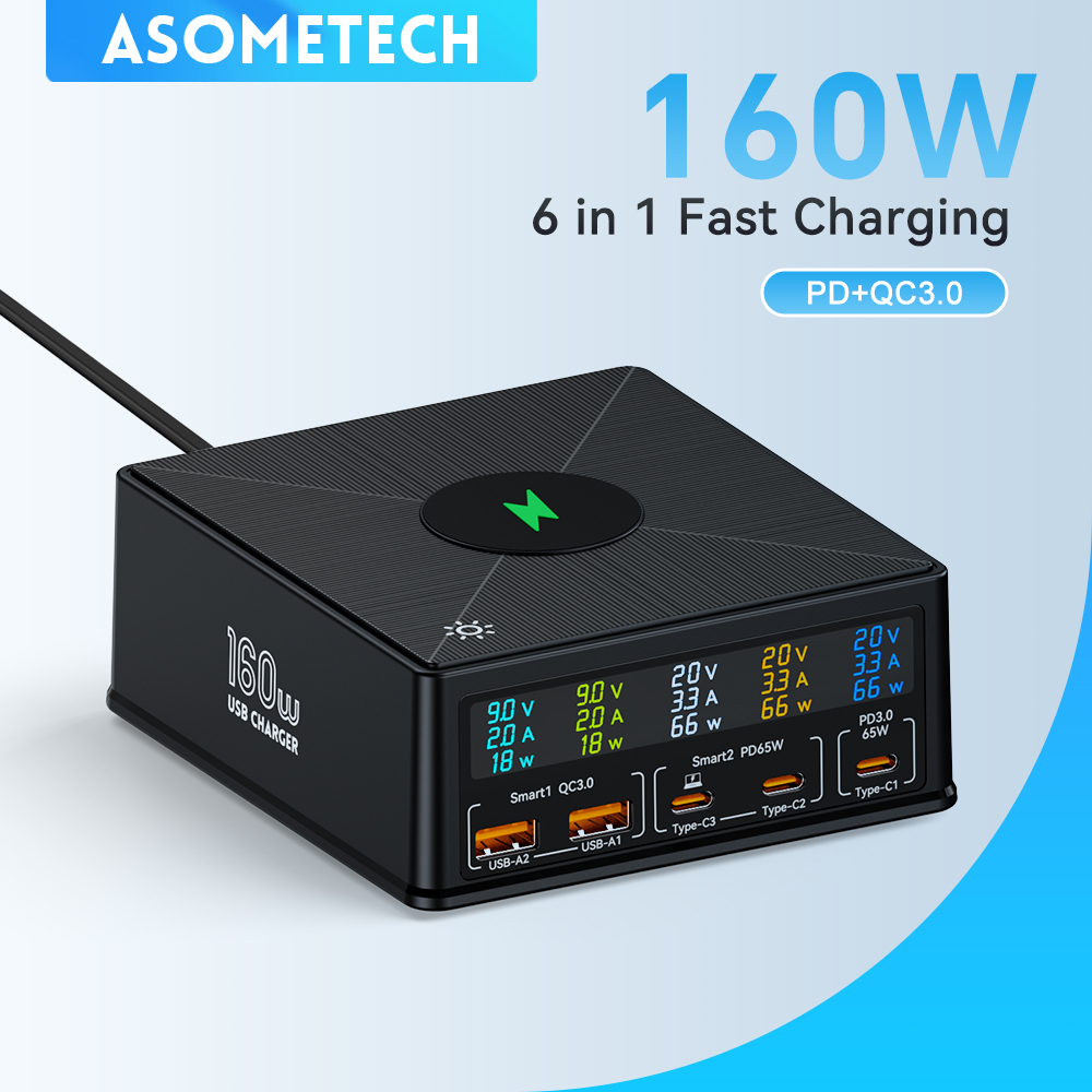 160W GaN Charger 5 Port USB Type C PD 65W Wireless 15W Fast Charging Station