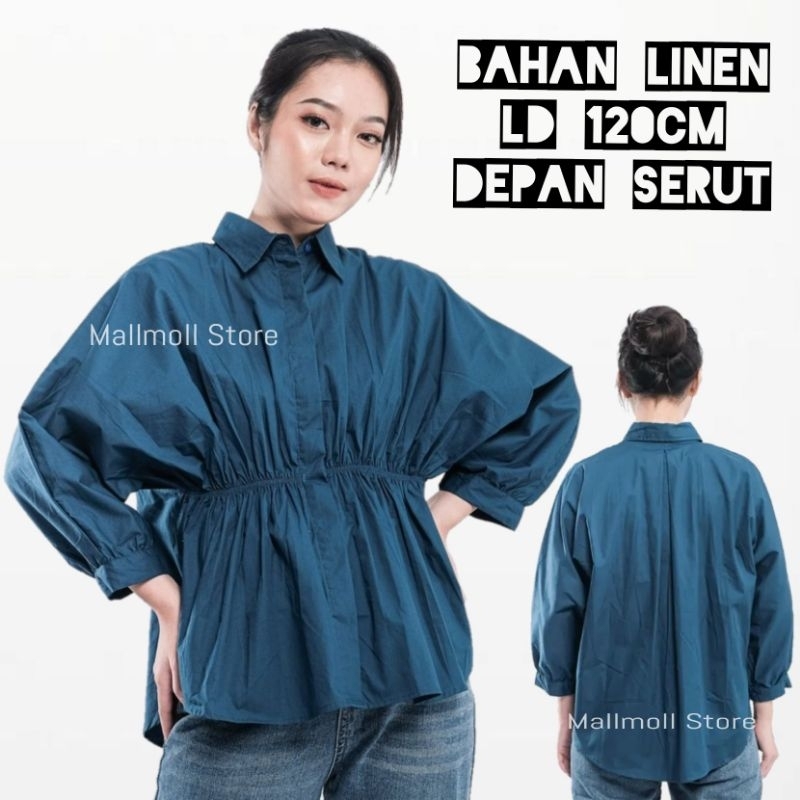 Atasan Kemeja Wanita Oversize Bahan Linen Premium Serut Depaan Karet