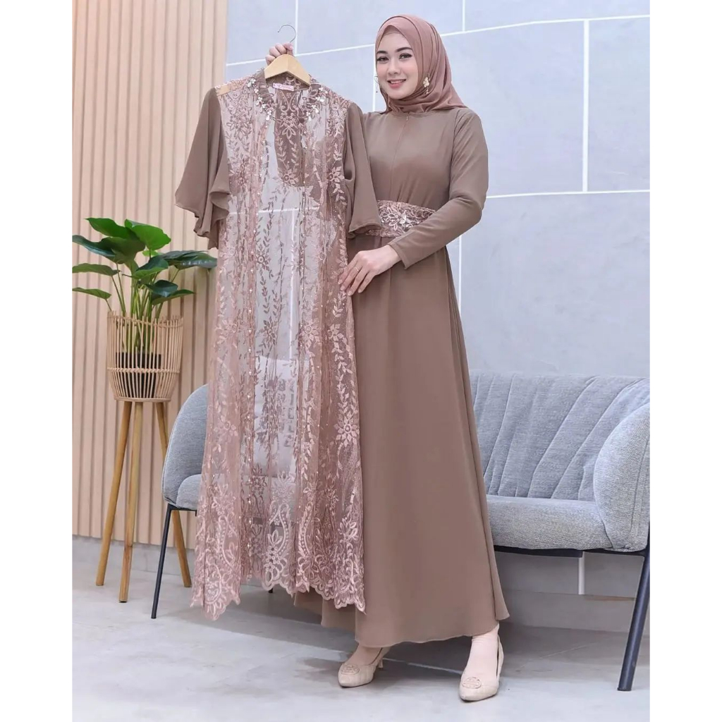 Gamis clarisa dress bahan ceruty baby doll premium full furing / busui / resleting depan original