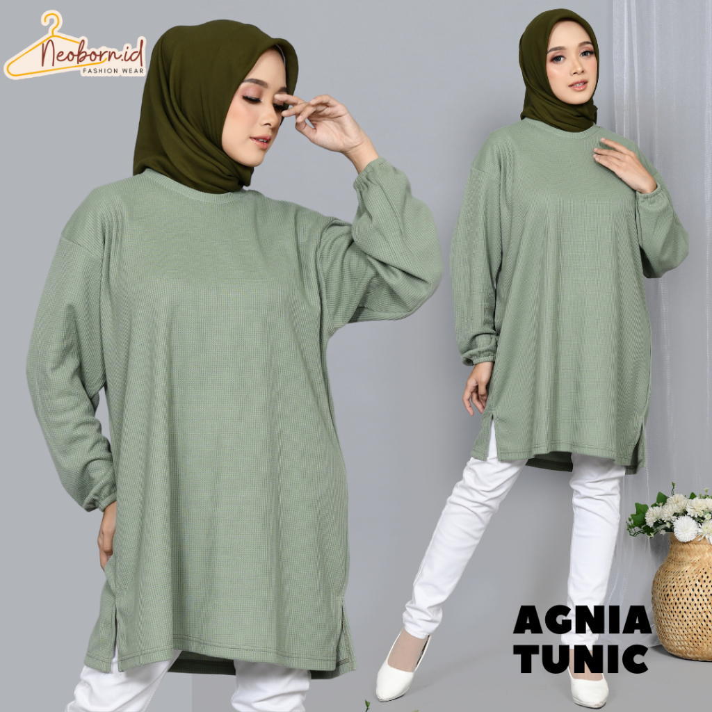 Kaos Tunik Wanita Oversize Terbaru Waffle Lengan Panjang Balon Agnia Polos