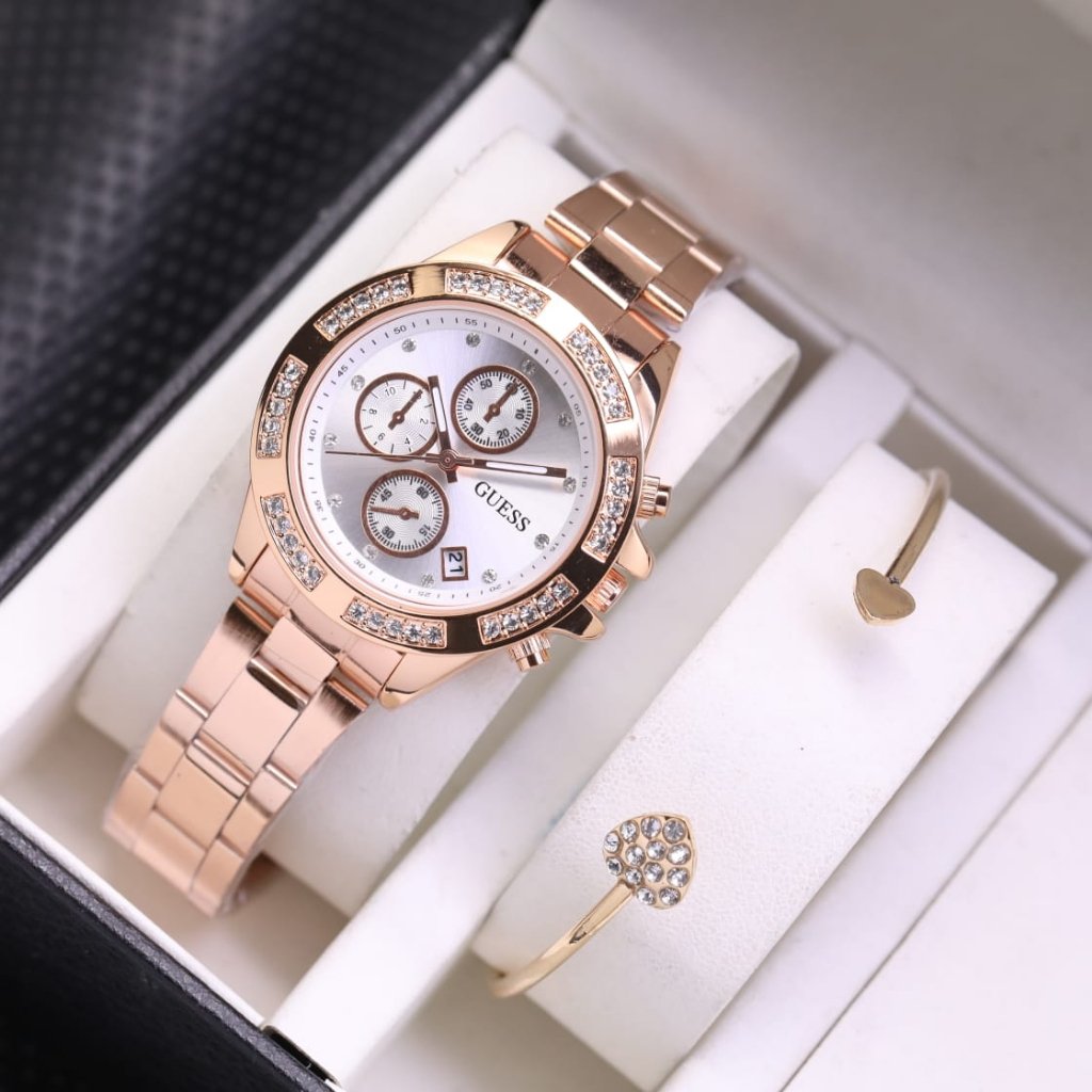 JAM TANGAN WANITA GUESS RANTAI CHRONO OFF + GELANG TANGGAL AKTIF LS09