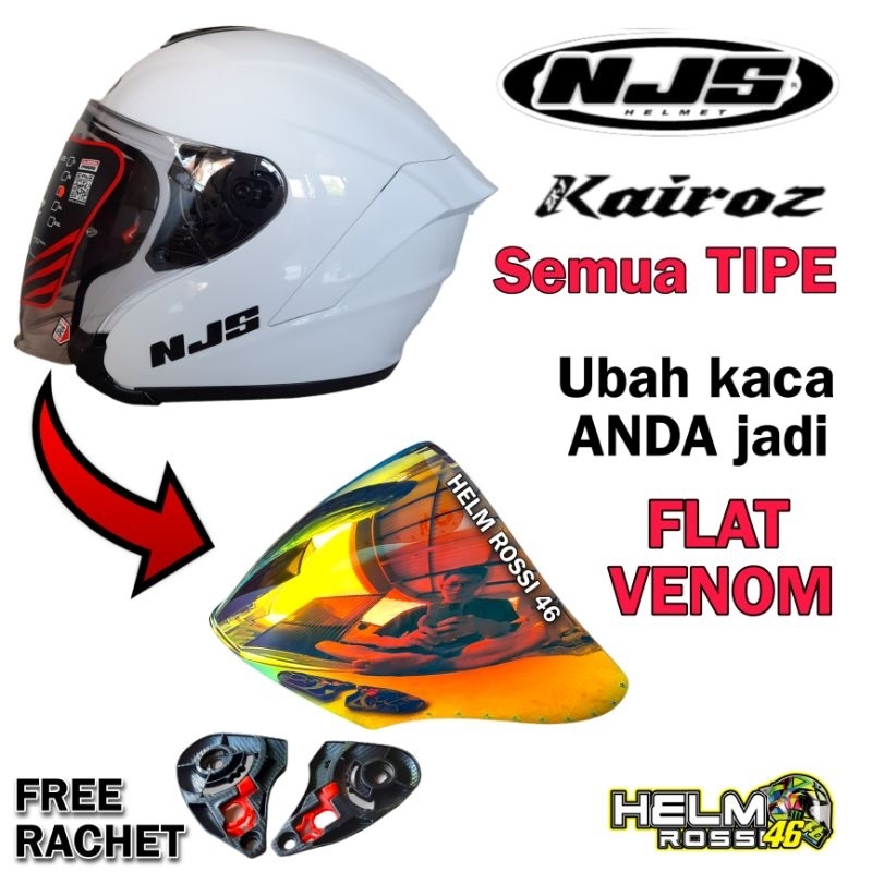 Kaca Visor Flat NJS KAIROZ Kairos Iridium Blue Red Silver Chrome Smoke Hitam merk Norisk gratis Rachet kupingan