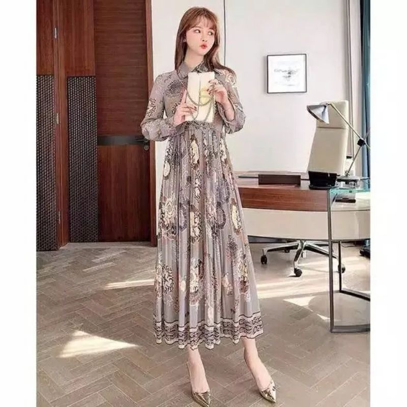 Pakaian baju MIDI dress dres longdres plisket gaya Korea terlaris ala Andin aband pertengahan jadul 