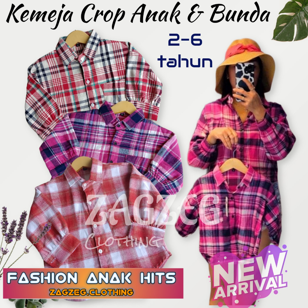 Zagzeg Clothing - Bisa Couple Bunda Baju Kemeja Anak Perempuan Crop Anak Flanel Lengan Balon Usia Umur 2 3 4 5 6 7 Tahun Atasan Blouse Crop Top Anak Fashion Anak Wanita Dewasa Model Oversize Kotak Kotak Kekinian