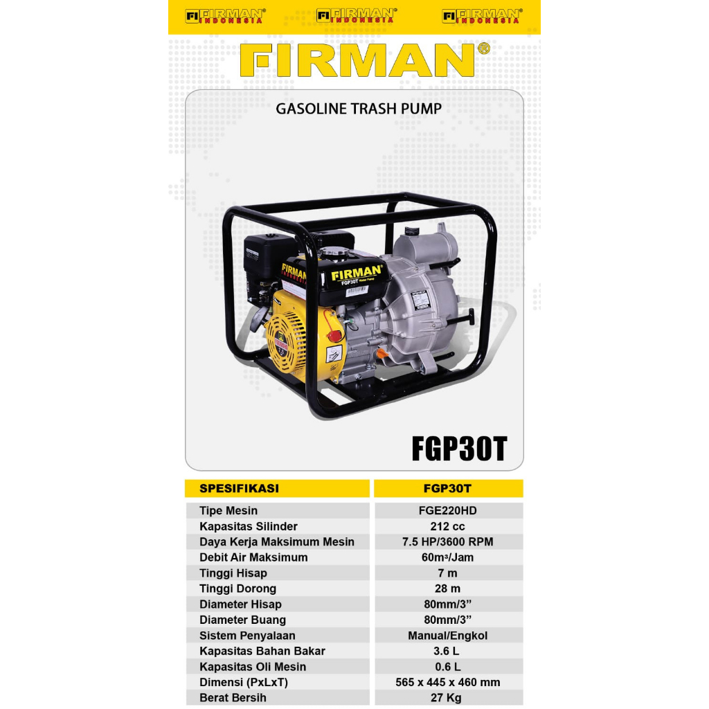 Pompa Air Lumpur Waterpump 3&quot;  FGP30T FIRMAN 4 Tak / Water Pump 3 Inch Pompa Air Kotor Irigrasi Sawah Trash Pump FGP 30T FGP-30T FIRMAN