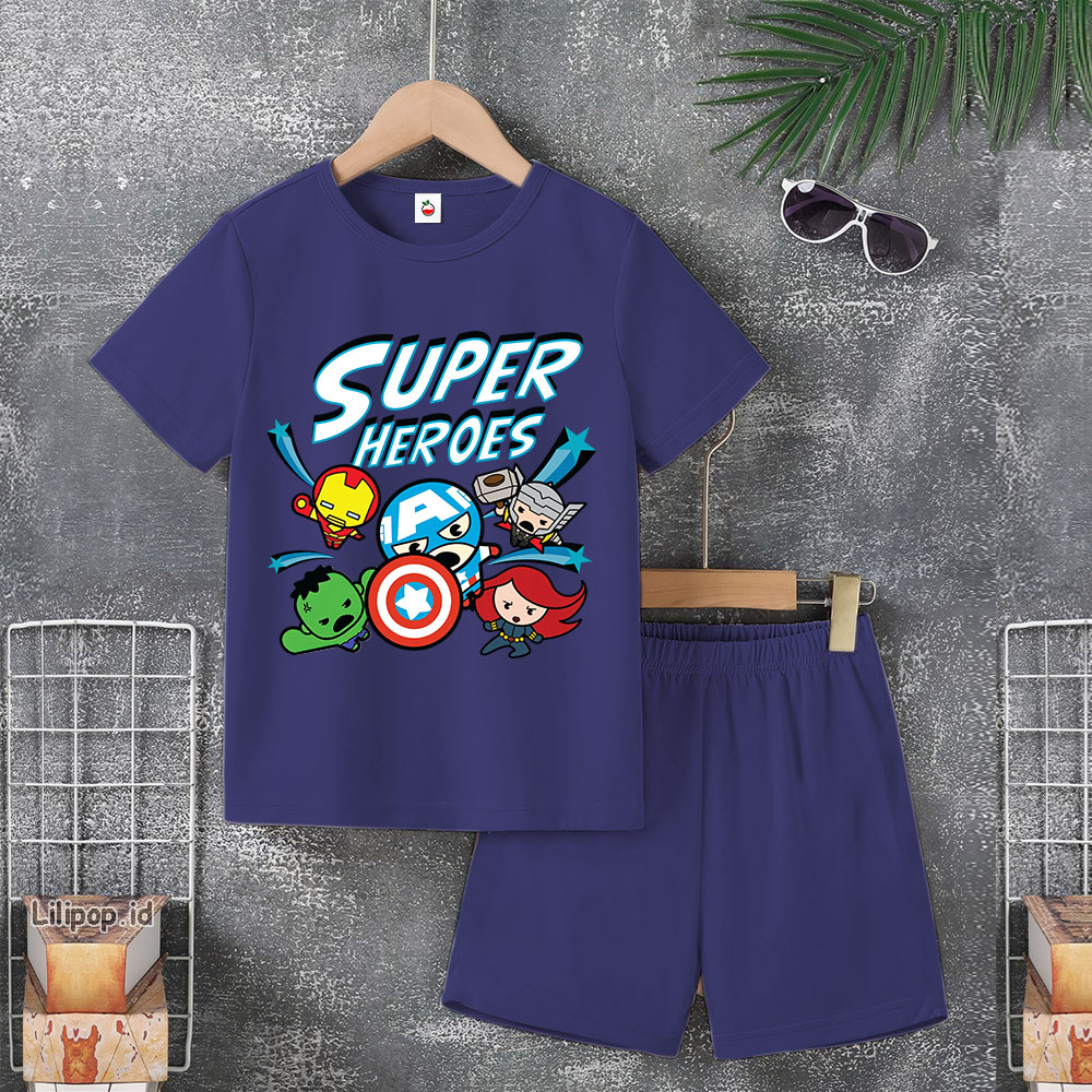 Baju Anak Stelan Usia 5-10 Tahun MARVEL AVENGER Kaos 3/4 Cowok Cewek  Celana Pendek Harian