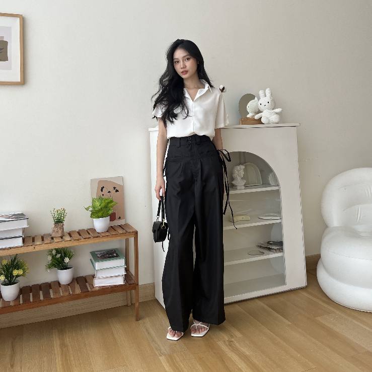 Gioxel Tie Wide Pants - Celana Panjang Wanita - Celana High Waist - Casual Pants - Korean Style