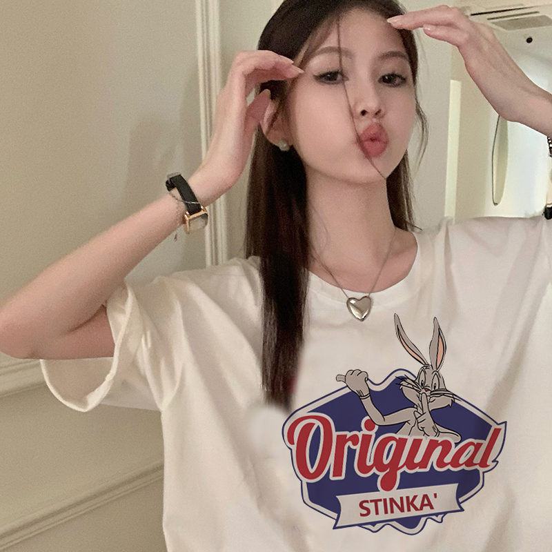 Print T-shirt Kaos Lengan Pendek Cartoon Pug Rabbit Printing Oversize Atasan Wanita Korean Style