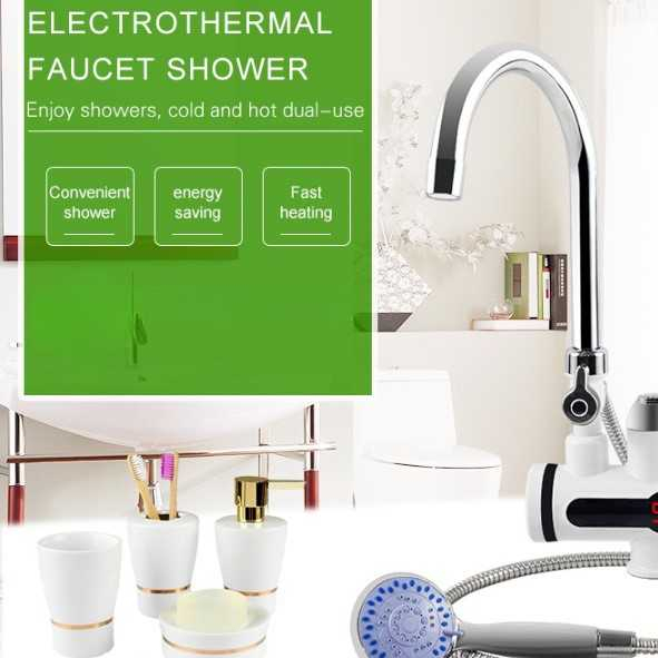 Keran Pemanas Air dengan Hand Shower Electric Hot Cold Faucet Efisien Kran Ubah Air Panas Dingin LCD Tampilkan Suhu