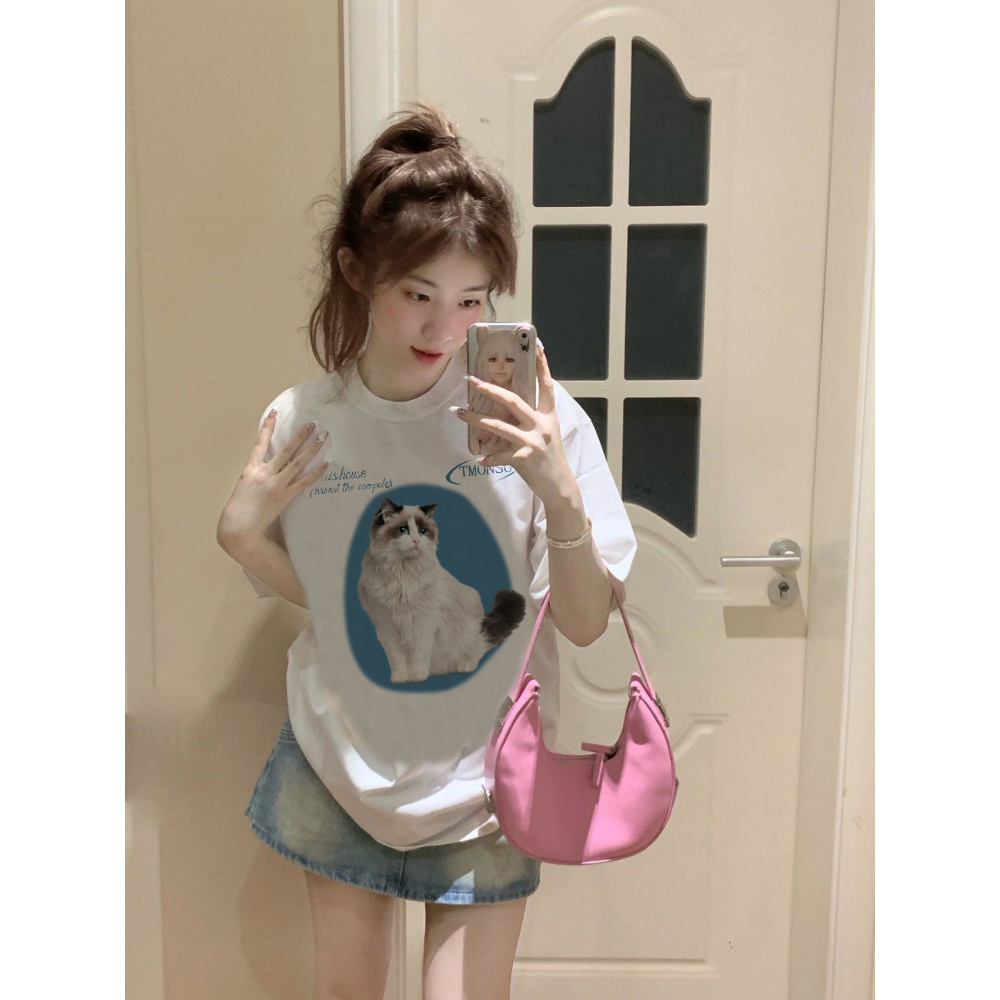 EUNII T-shirt Lengan Pendek Cartoon Biru Cat Korean Style/Kaos Atasan Wanita/Baju Kaus Oversize Wanita/Kaos Wanita