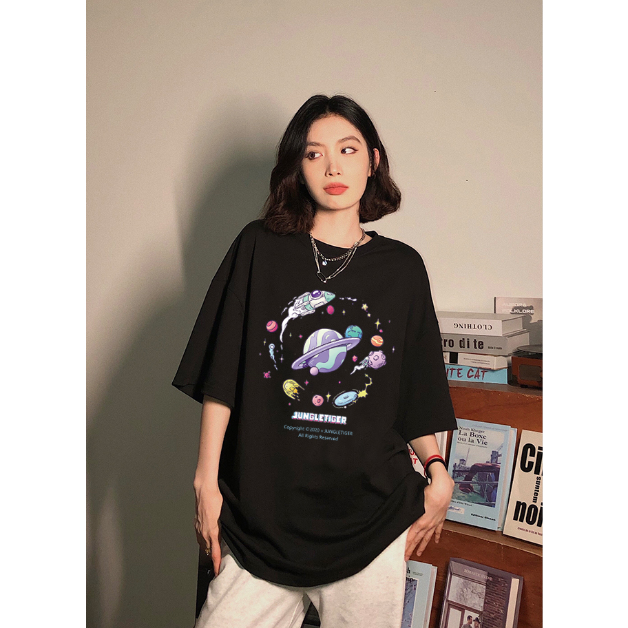 EUNII T-shirt Lengan Pendek Cartoon Planet Korean Style/Kaos Atasan Wanita/Baju Kaus Oversize Wanita/Kaos Wanita