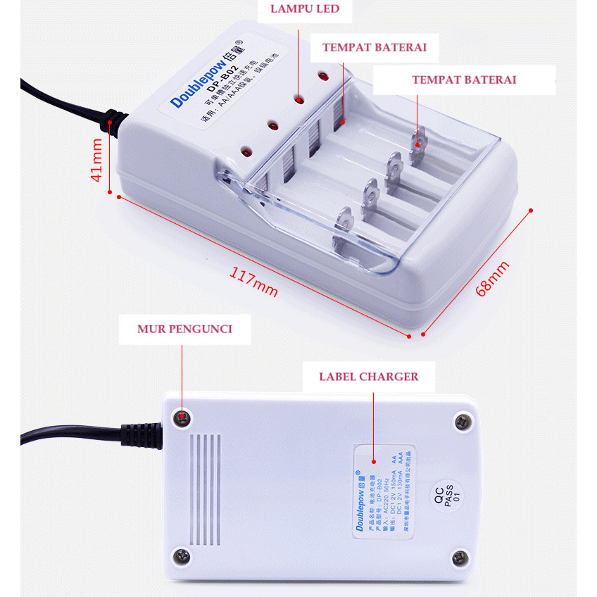 IMPOR DOUBLEPOW CHARGER CAS BATERAI AA AAA DENGAN LAMPU CAS BISA UNTUK 4 BATERAI