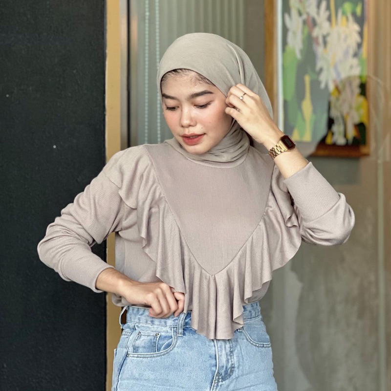 Blouse V Ruffle rib lengan panjang