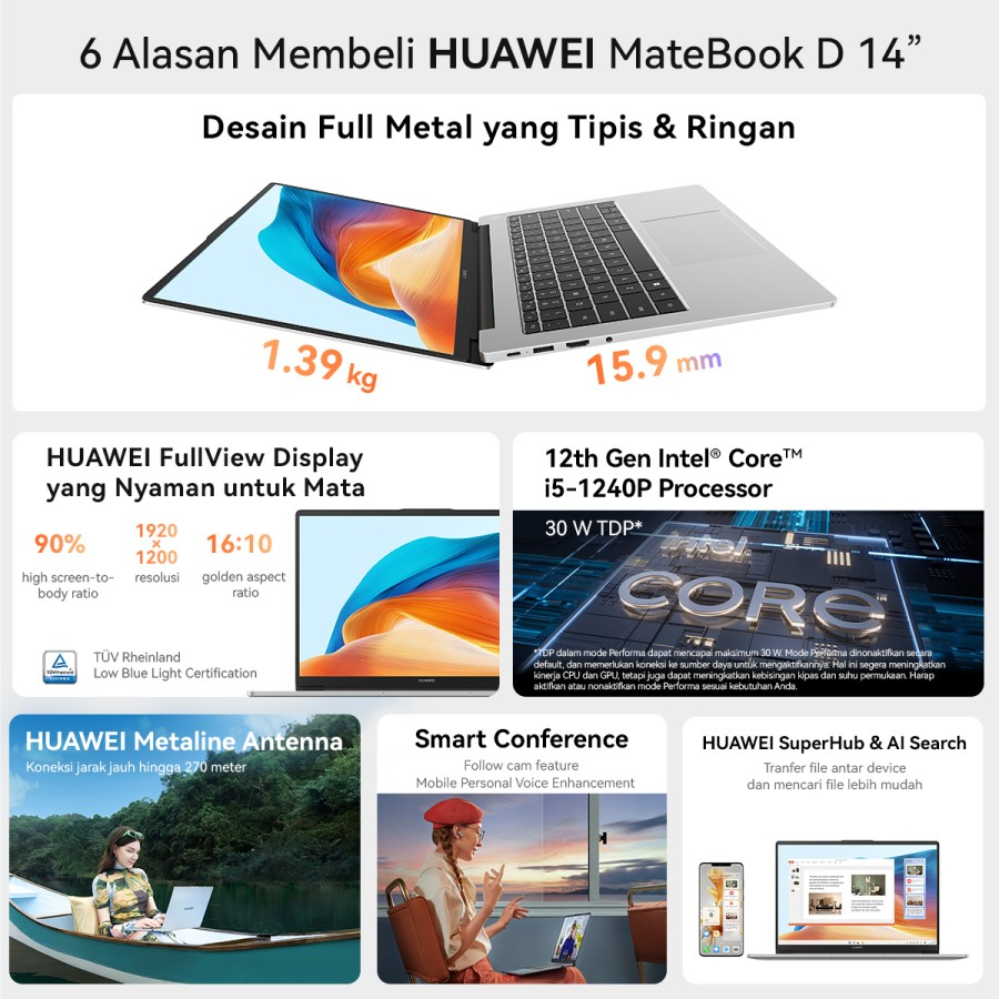 [ 𝗛𝗨𝗔𝗪𝗘𝗜 ] HUAWEI MATEBOOK D14 - Core i5 1240P ( RAM 8GB SSD 512GB ) 14 Inch IPS WINDOWS 11 - CICILAN 0%