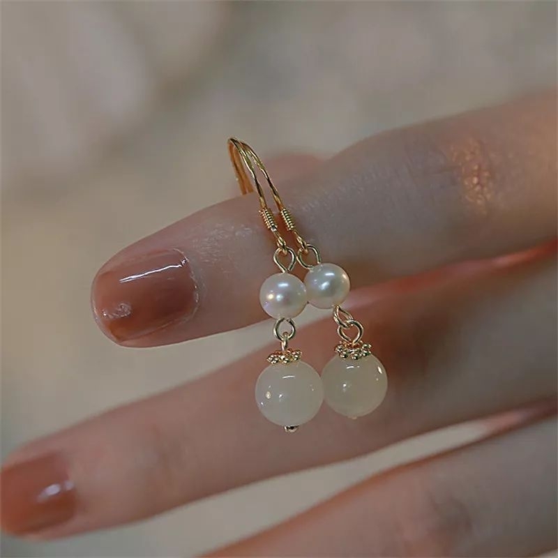 FerenHongXia Anting Liontin Giok Alami Aksen Mutiara Untuk Wanita