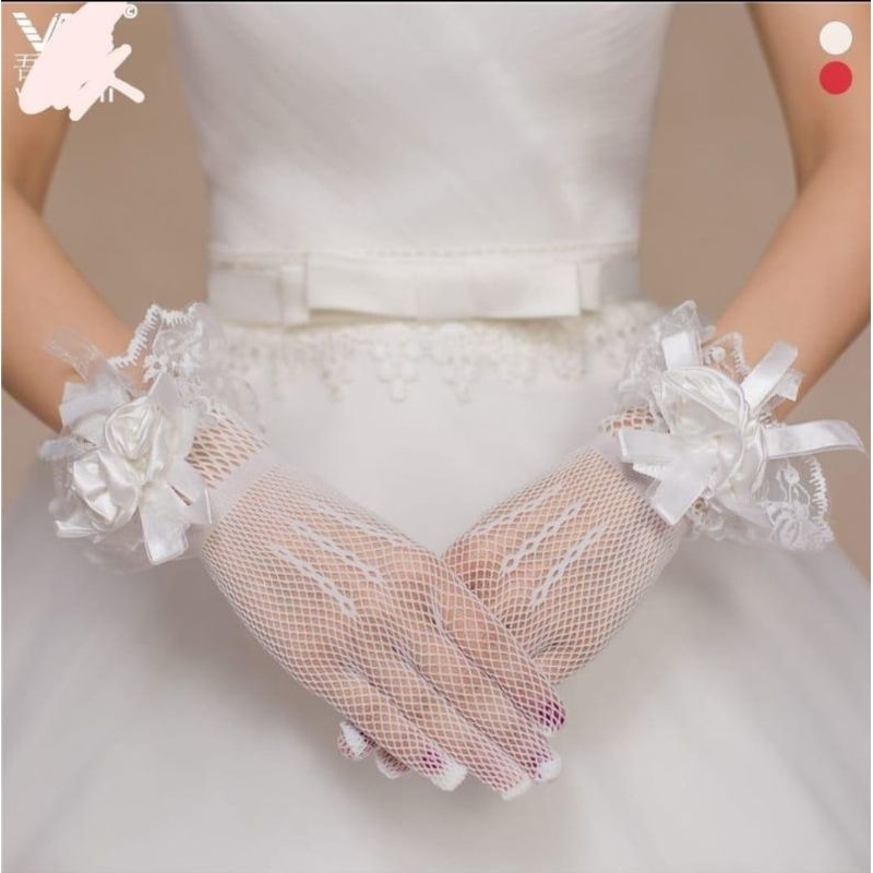 Sepasang Sarung Tangan Pengantin Bridesmaid Jaring Aplikasi Bunga