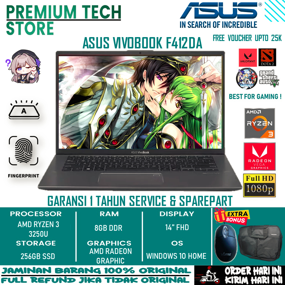 Laptop Gaming Asus Vivobook F412DA Amd Ryzen 3 3250U 8Gb 512Gb 14 Fhd Bl Windows 10 Home Termurah Original