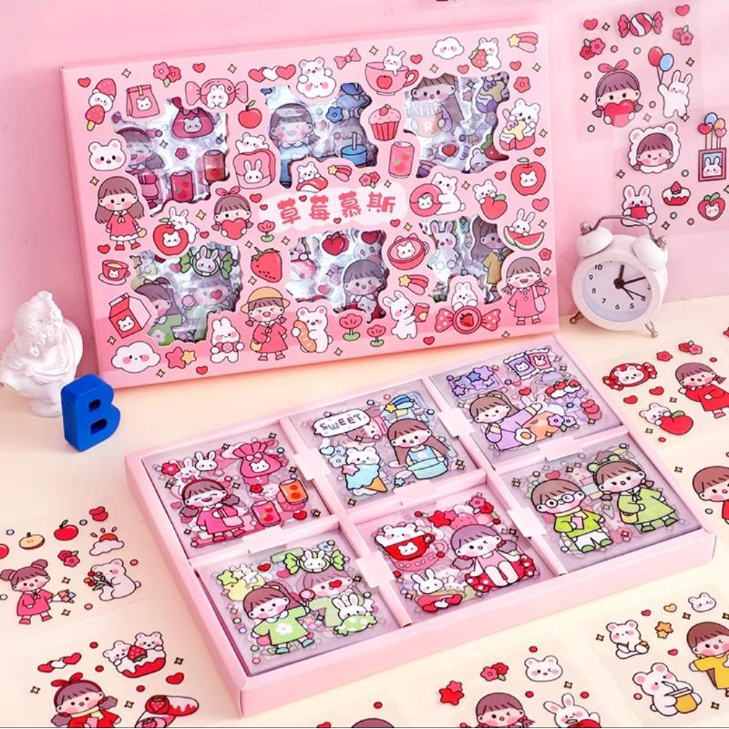 [100pcs] Stiker PET Box 4Warna Momo Motif Karakter Warna Cantik Sticker Momo Dekor Dairy Jurnal Sticker Pet Anak Lucu Dan Menarik