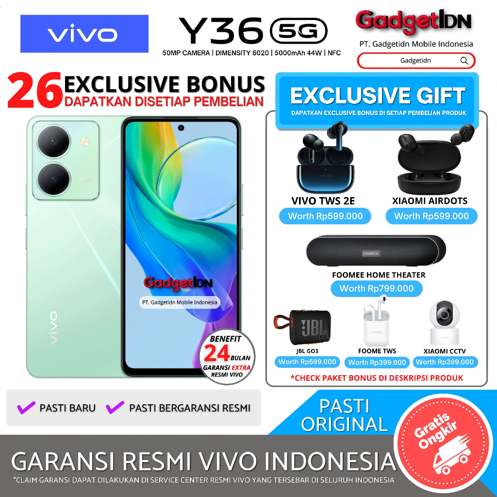 VIVO Y36 5G NFC 8/256GB ( +8GB EXTENDED RAM ) GARANSI RESMI VIVO