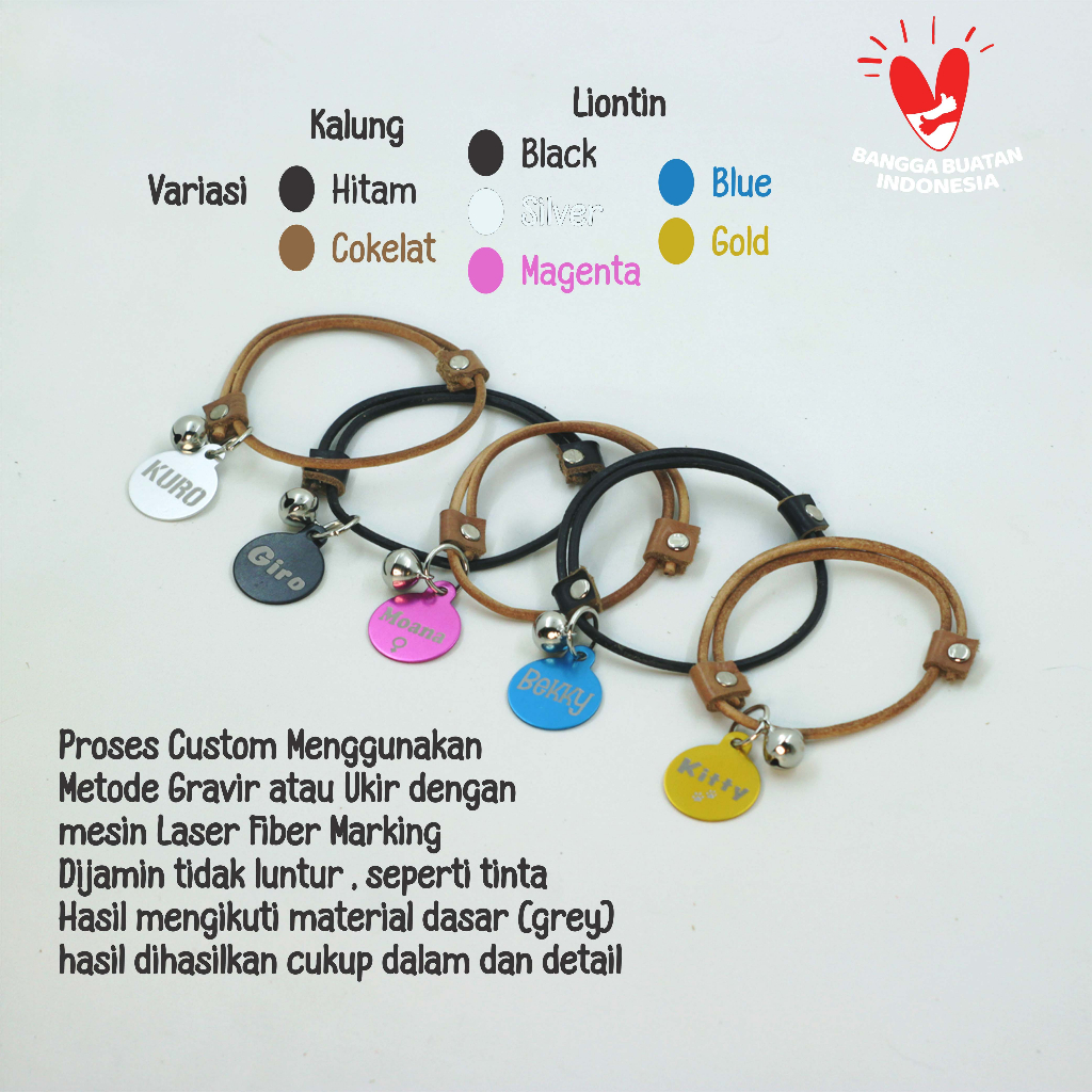 KALUNG KUCING NAMA CUSTOM MODEL TALI KULIT  ASLI PINTAL LIONTIN LOGAM PREMIUM