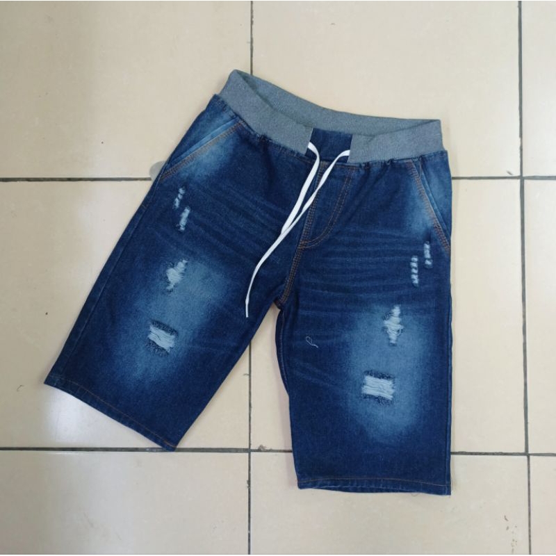 100rb 2 pcs Celana Pendek Jeans Pinggang Karet Tali Serut Sobek Tembus