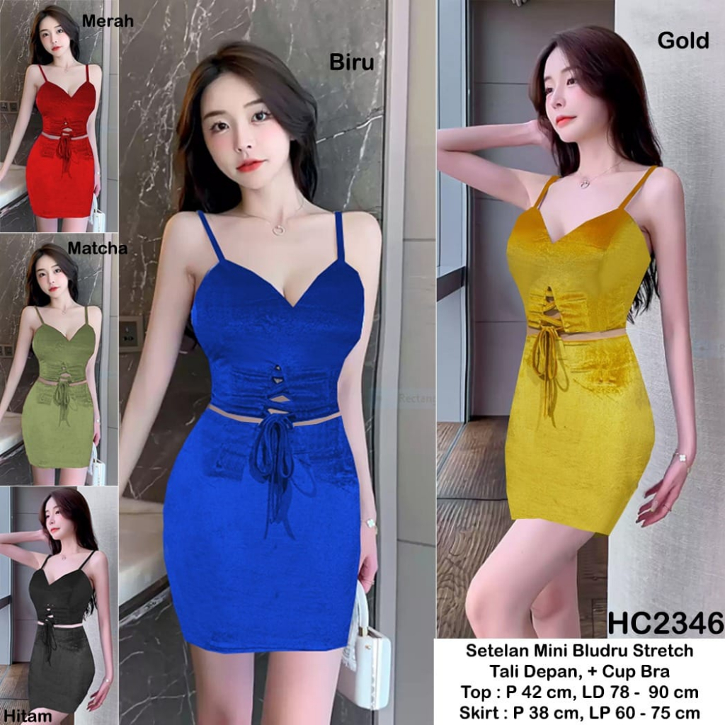 HC2346 Setelan Mini Dress Bludru Stretch Tali Depan / Setelan Velvet + Cup Bra Bodycon Tanpa Lengan Sexy / Setelan Rok Mini / Setelan Wanita / Dress Mini Bludru / Minidress Bludru / Setelan Wanita