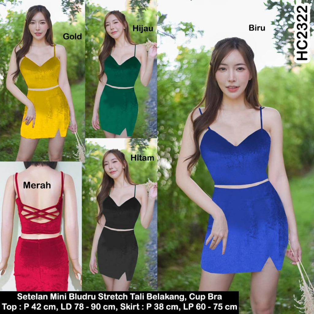 HC2322 Setelan Mini Dress Bludru/Velvet Tali Belakang Cup Bra Motif Polos Bodycon Tanpa Lengan Sexy