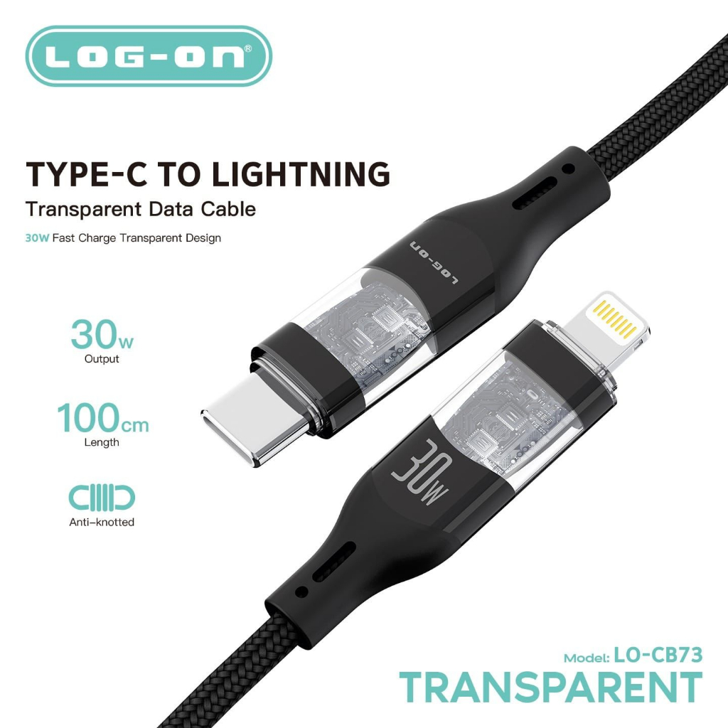 LOG-ON KABEL DATA FULL IC TRANSPARENT LO-CB73 65W 30W MAX 1METER ORIGINAL SUPPORT SEMUA HP BY SMOLL