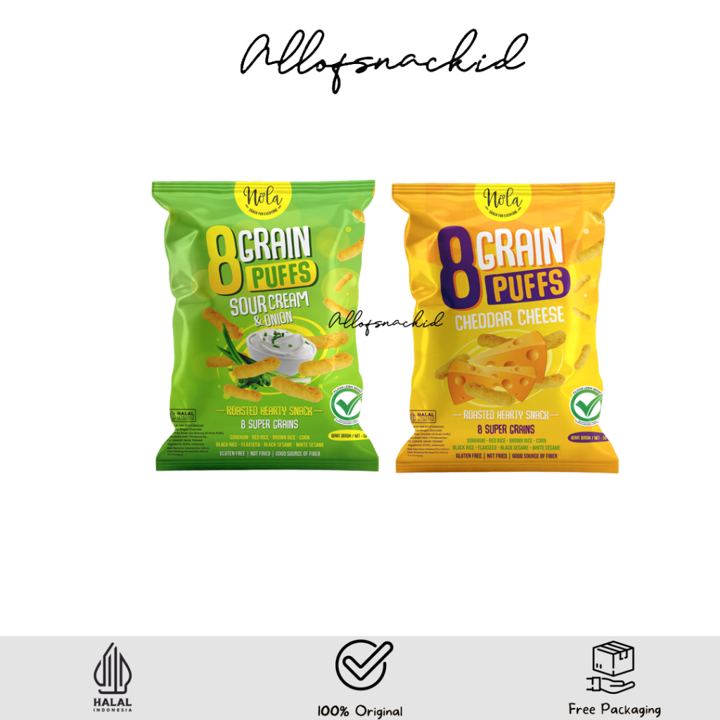 

Nola 8 Grain Puffs - Sour Cream / Cheddar Cheese - Snack Sehat - Snack Diet - Bebas Gluten - 50g