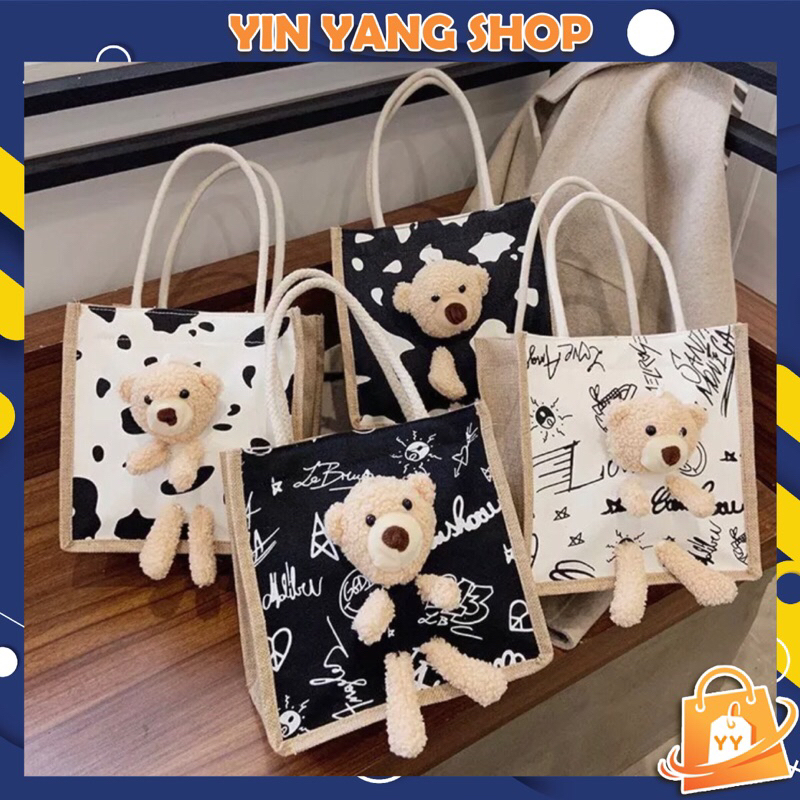 Tote Bag Bear Tas Wanita Shoulder Bag Kanfas Motif
