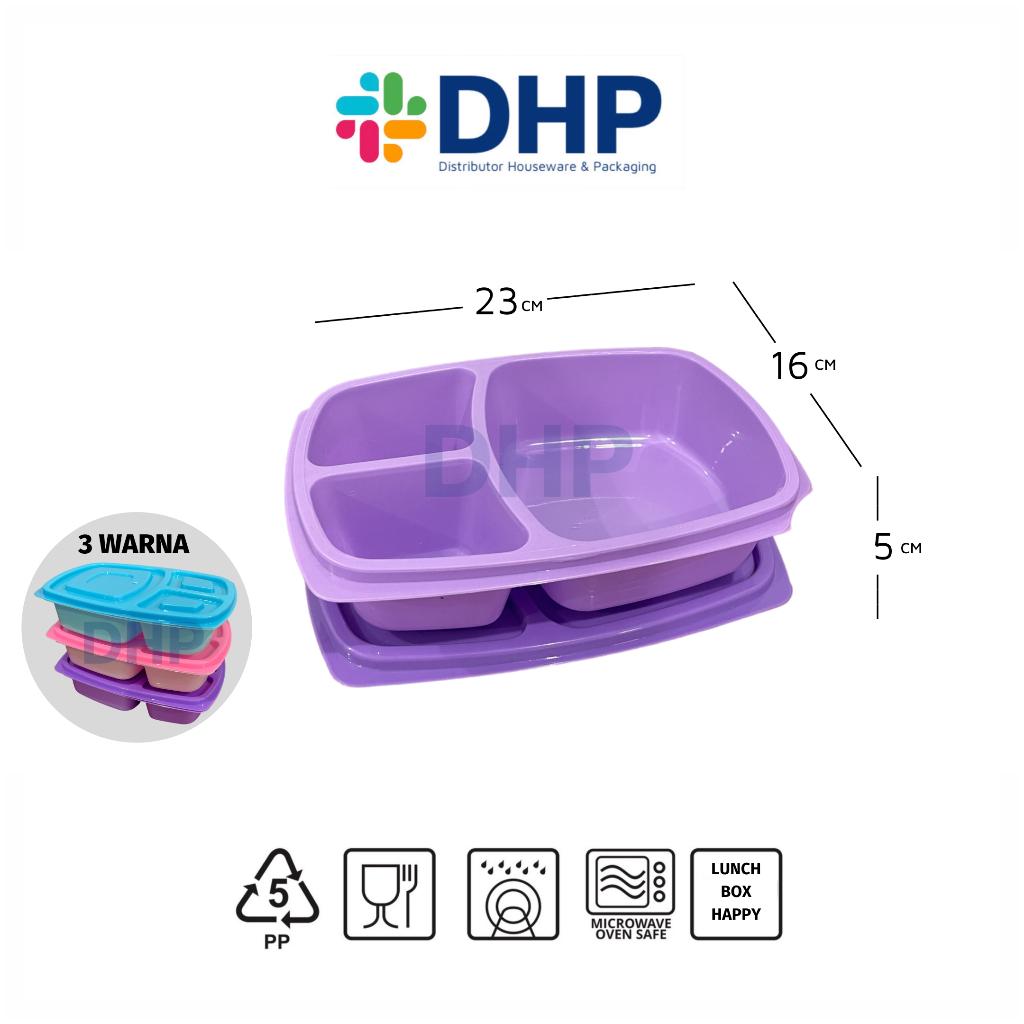 Lunch Box HAPPY (23x16 h:5) Sekat 3 Kotak Plastik Tempat Bekal Lunch Box Serbaguna Makanan Anak