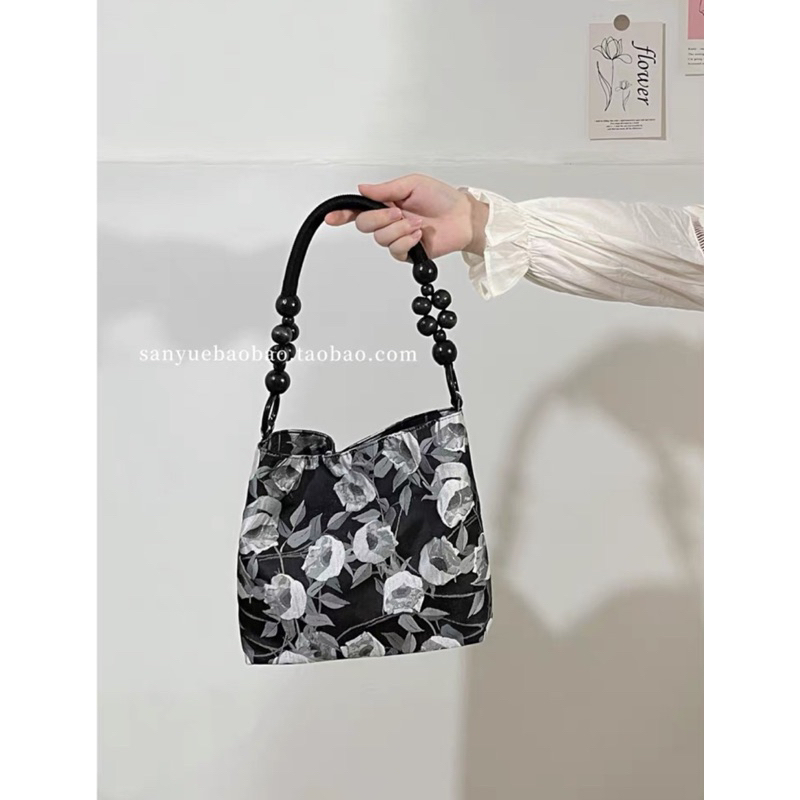 Tas Wanita Dry Branch Rose Tas Tote Kecil Jacquard Hitam Tas Ketiak Satu Bahu