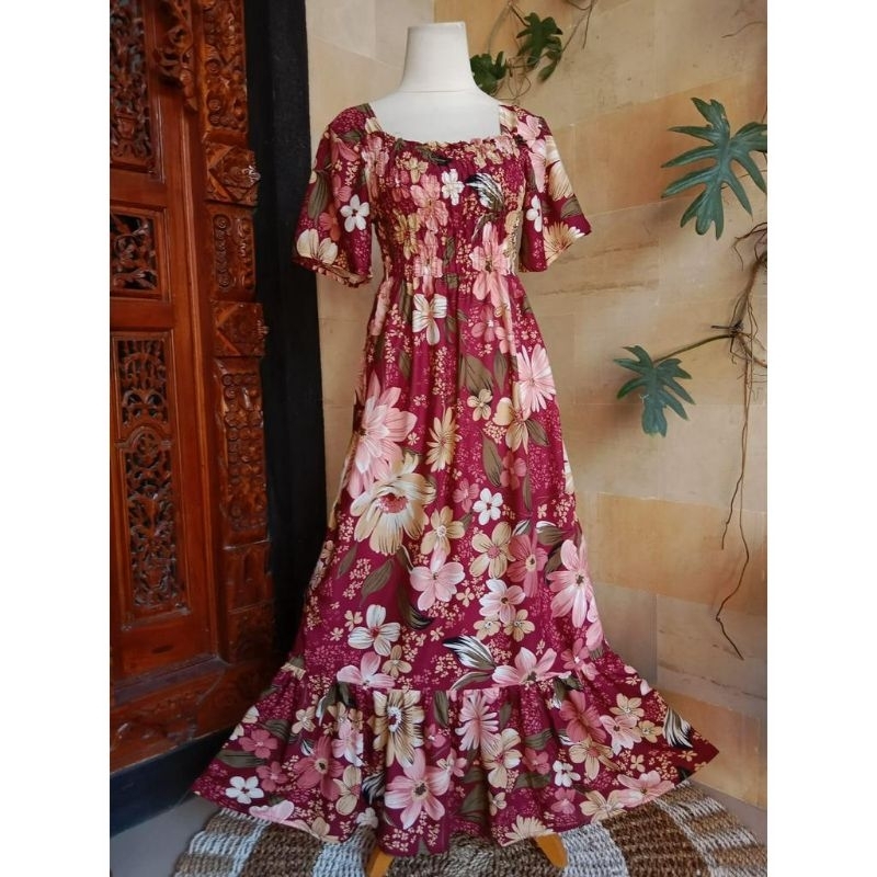 Daster bali kerut dada motif bunga maroon
