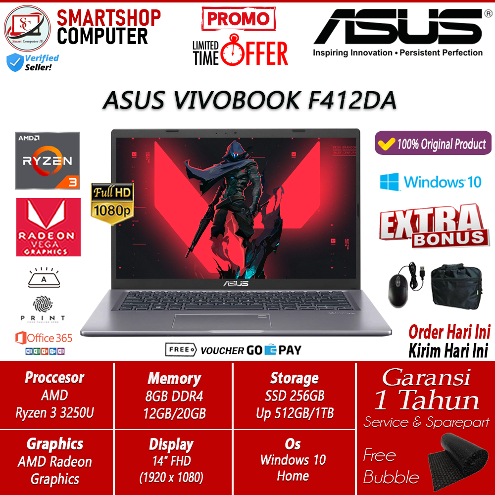 LAPTOP GAMING ASUS VIVOBOOK F412DA AMD RYZEN 3 RAM 8GB 20GB 512GB SSD FHD BACKLIGHT WINDOWS ORIGINAL