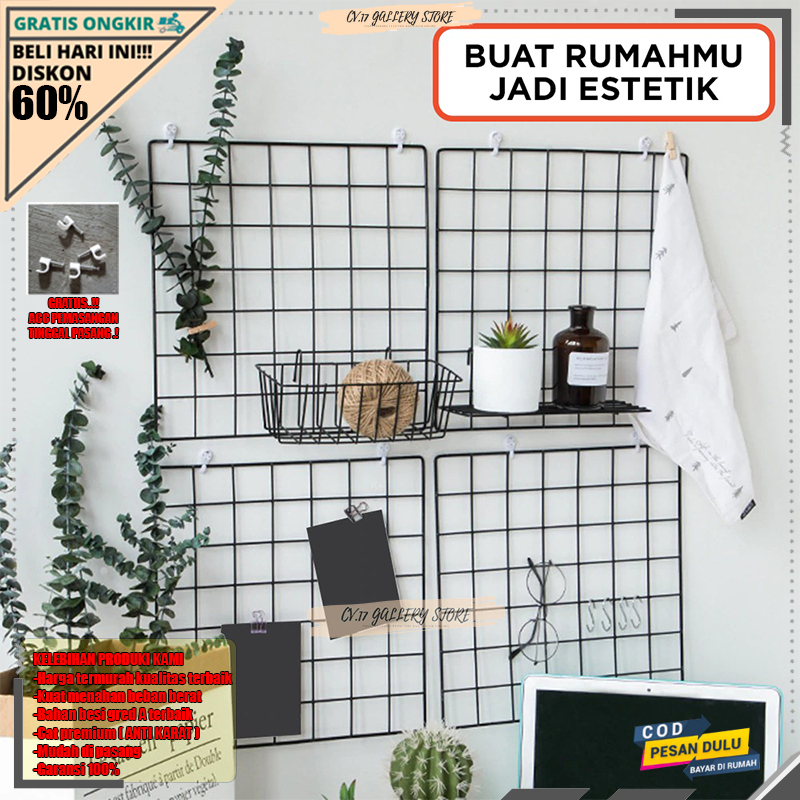 Promo Hijang 52X35 Hiasan Dinding wall grid pajangan foto Keranjang Besi Rak Gantung Tempat penyimpanan Pajangan Dekorasi Dinding Dingding Tembok  black grid wire mesh notes Tempel Ruang Tamu Kamar Tidur Cowok Kayu Susun Rumah Minimalis Serbaguna Murah