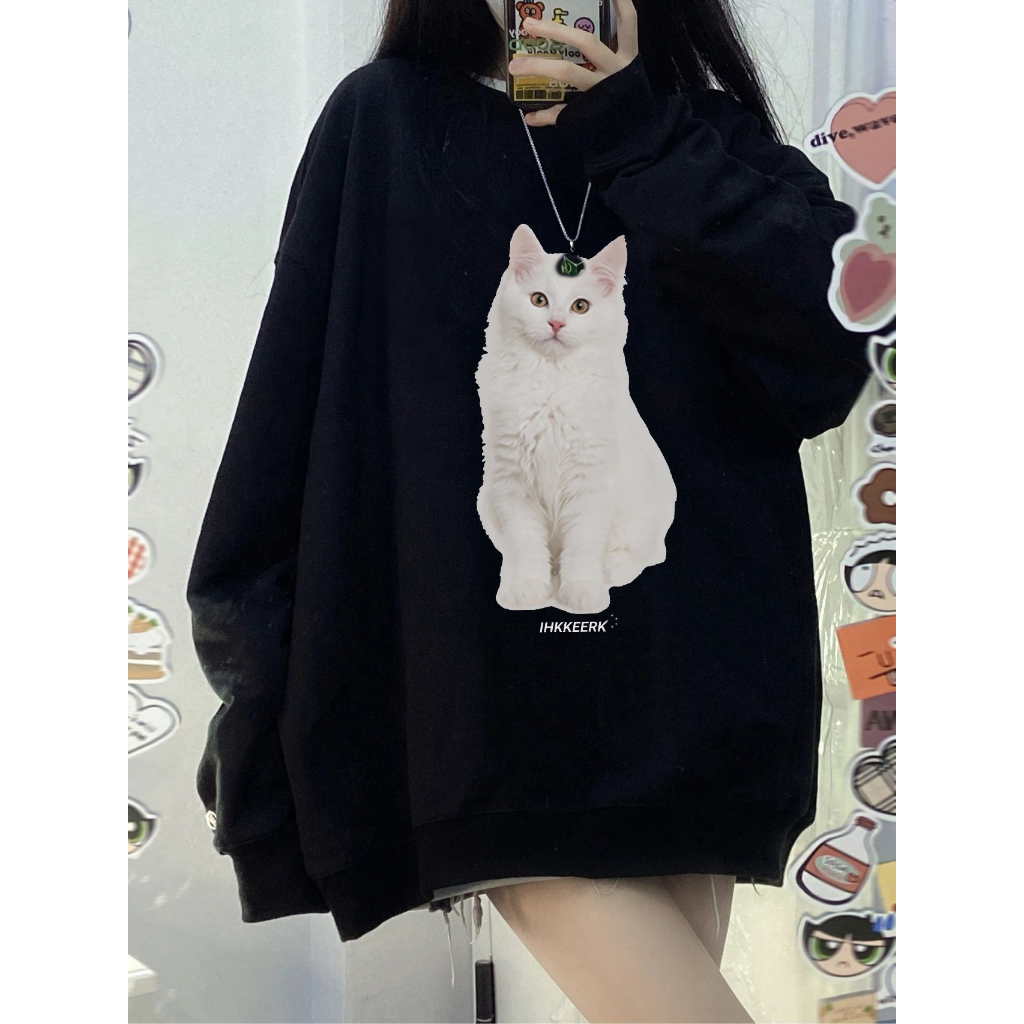 EUNII Sweater Lengan Panjang Cartoon Putih Cat Printing Korean Style/Sweater Crop/Baju Wanita/Switer Wanita/Switer