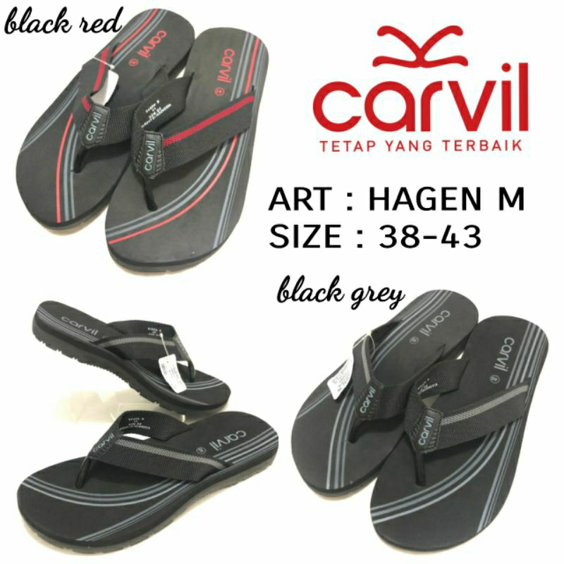 Sandal Japit Pria Original Carvil Hagen M Size 38-43 Black Grey / Black Red