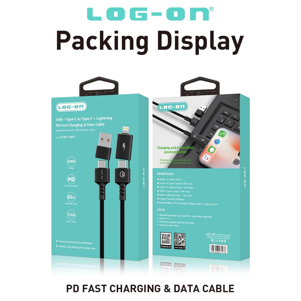 Log - on CB72 Kabel Data 4 In 1 Multifungsi 65W Fast Charging / Quick Charger / Power delivery