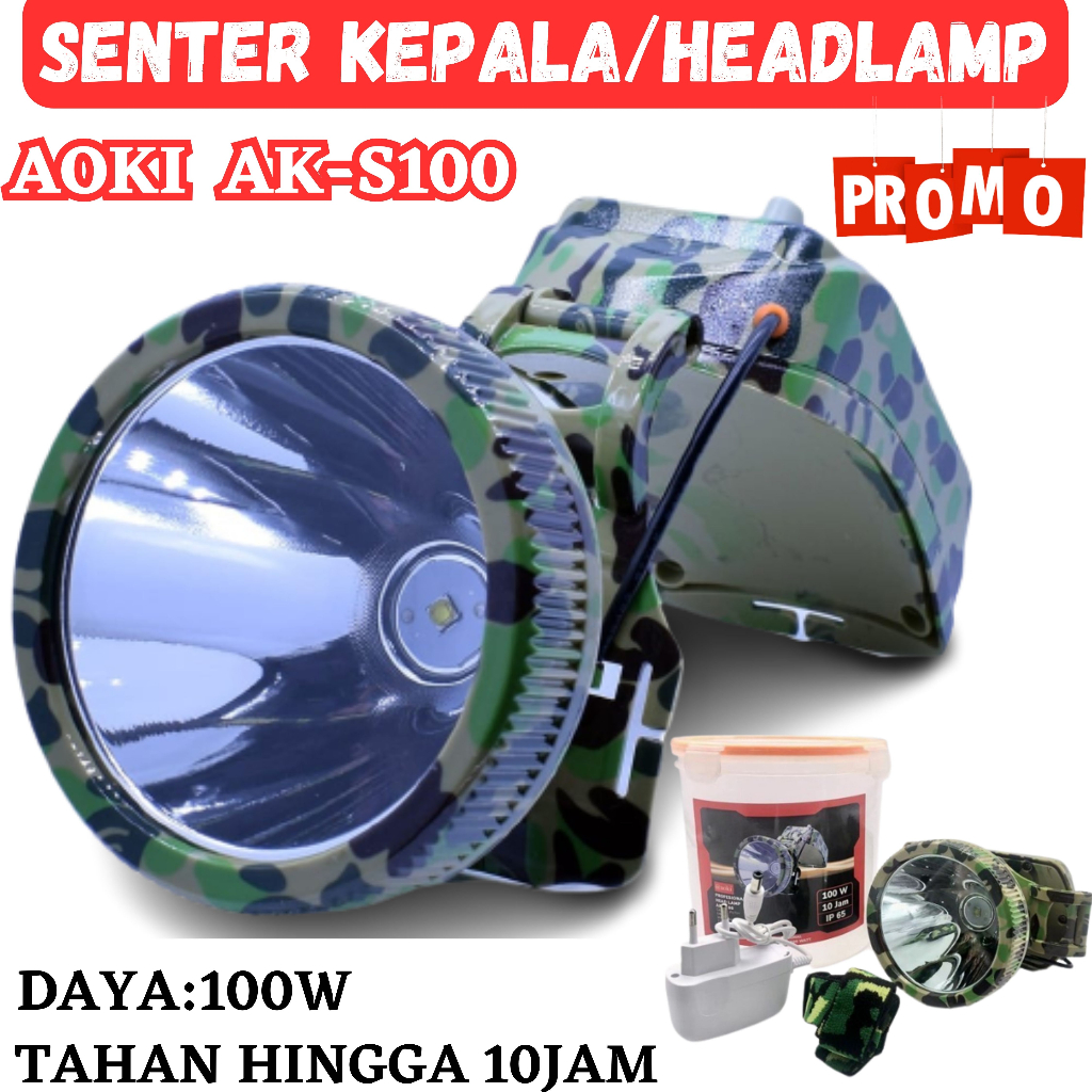Head Lamp / Senter Kepala AOKI AK-S100 100 Watt Super Led Baterai Lithium 7200mAh Super Terang Cahay