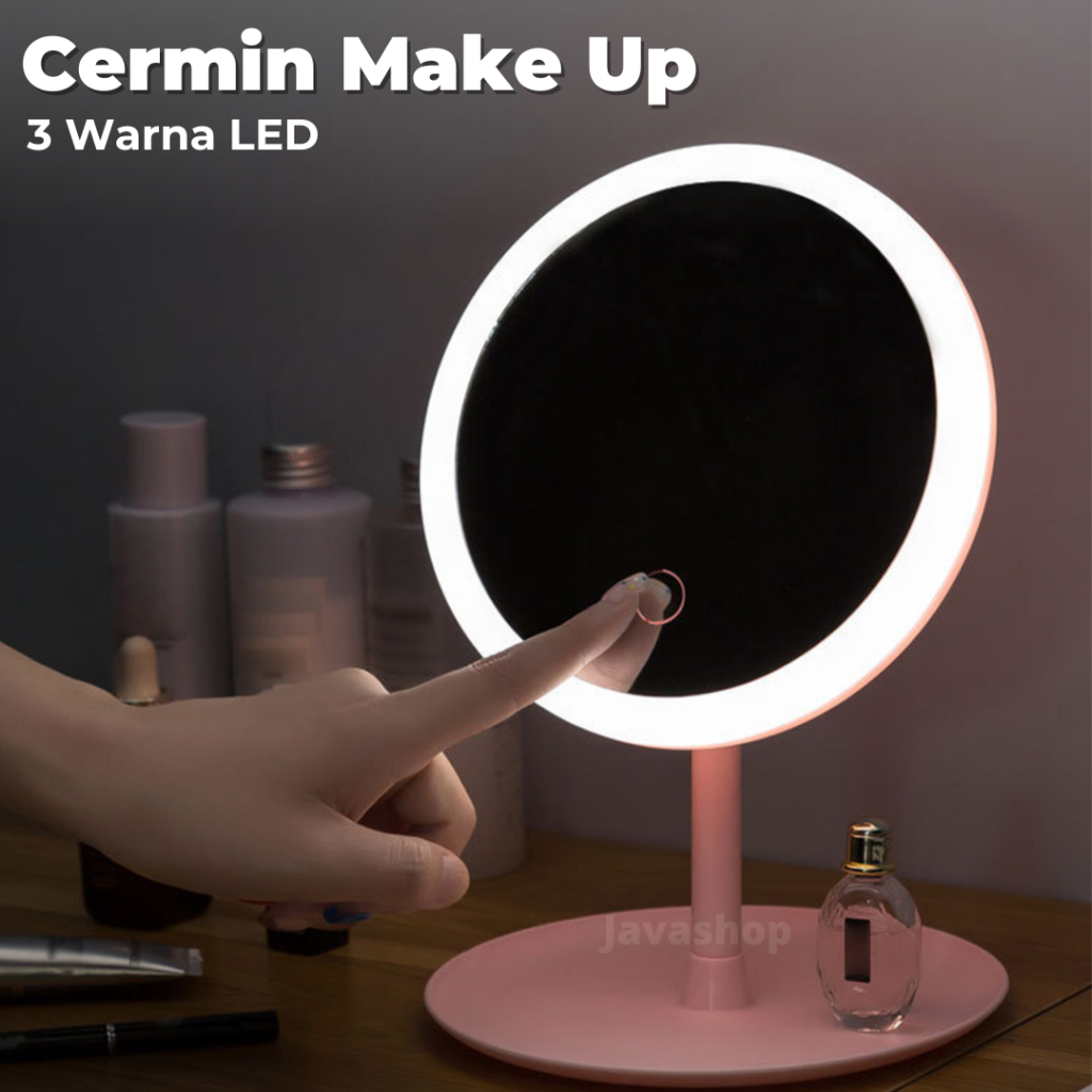 JAVASHOP Cermin Make Up Meja Lampu LED 3 Warna Bulat Bundar Standing